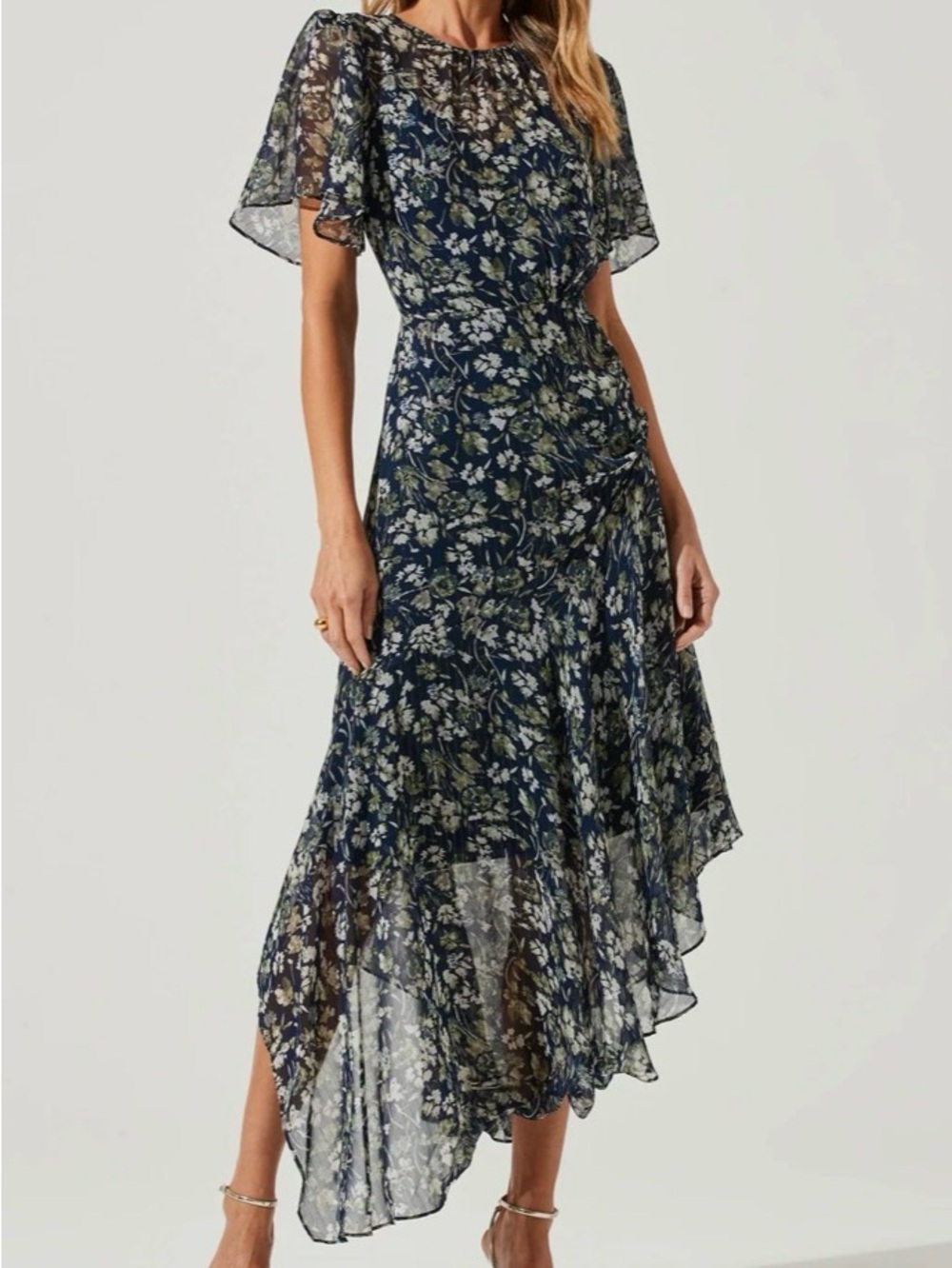 ASTR The Label Flutter Sleeve Floral Asymmetric Maxi Dress, medium